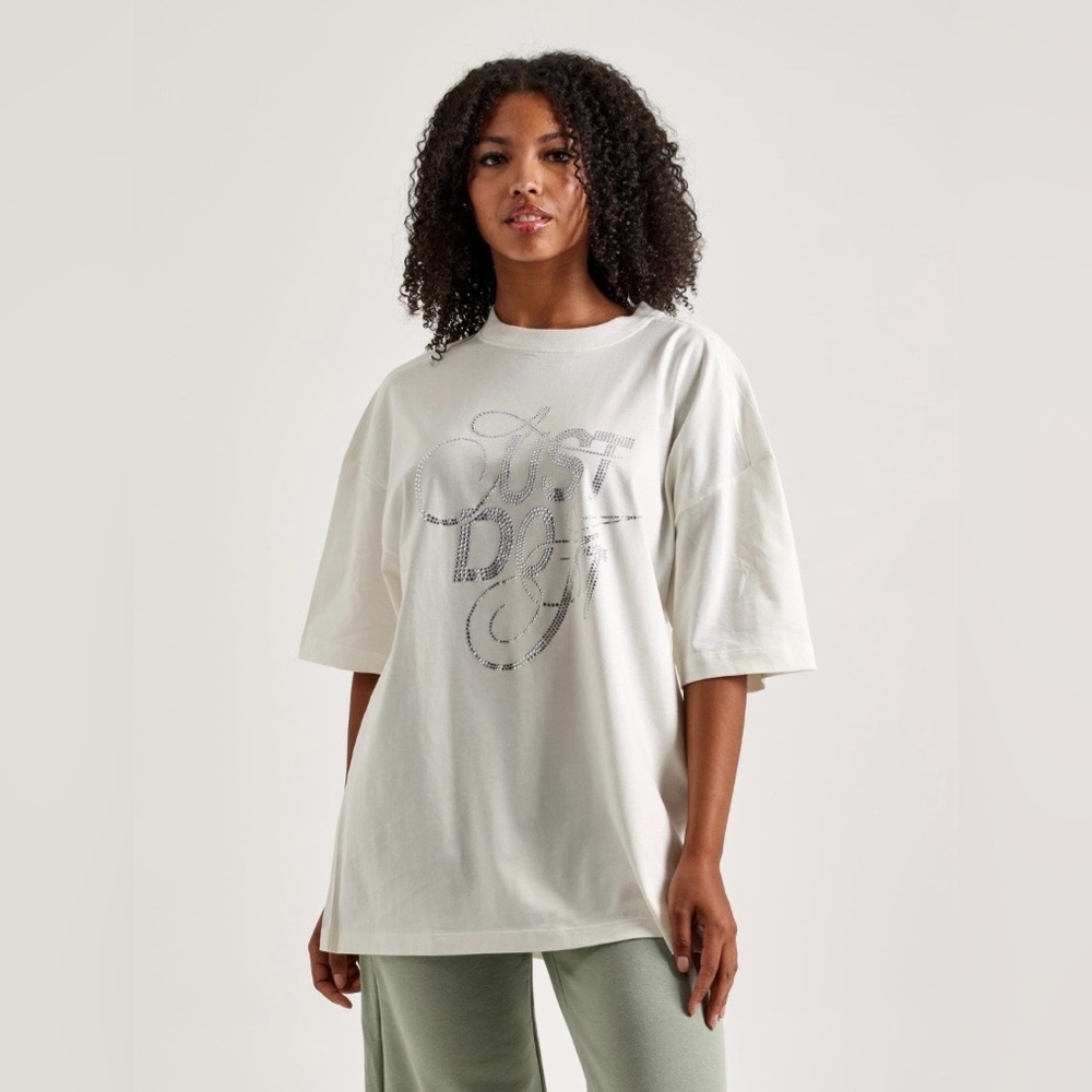 Nike Rhinestone Just Do It Swoosh Bling Women’s T-Shirt White Oversized Tee NWT
